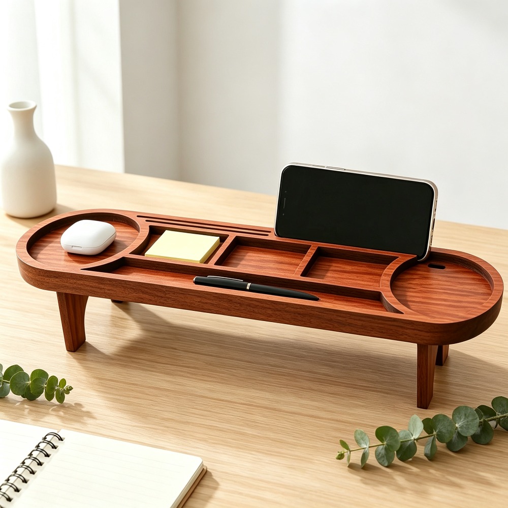 Tech Desktop Accessories - 나무 책상 정리함 (휴대폰 거치대 포함)